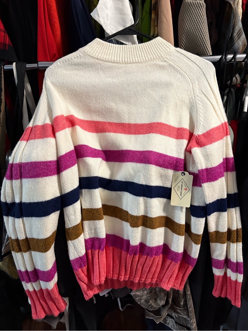 St. John's Bay Cream Crewneck Sweater with Pink, Fuchsia, Navy & Brown Stripes